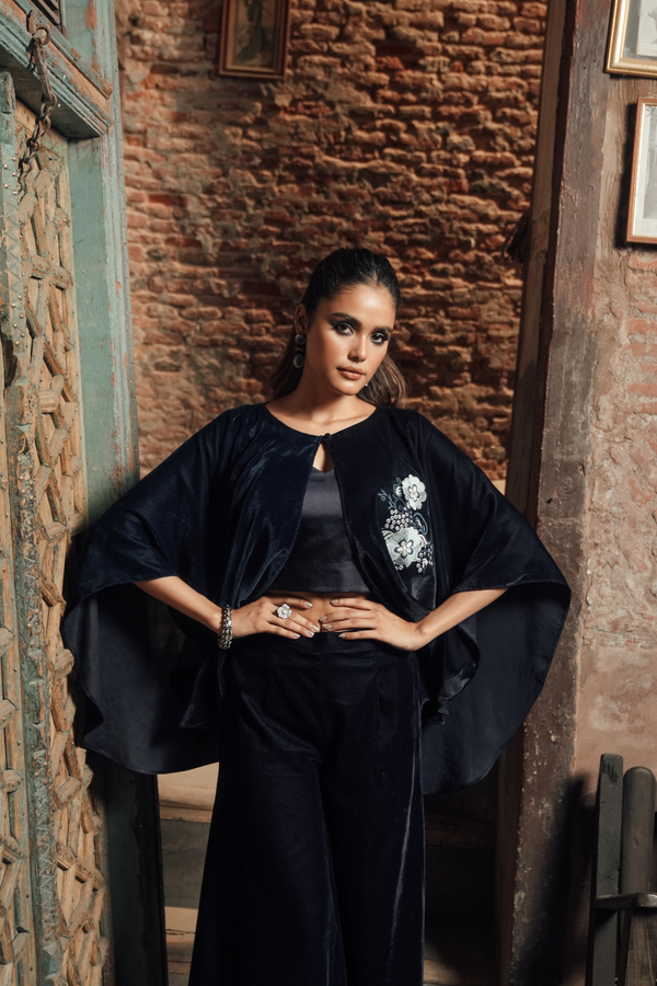 Velvet Embroidered Cape Set with Silk Inner and Bottoms