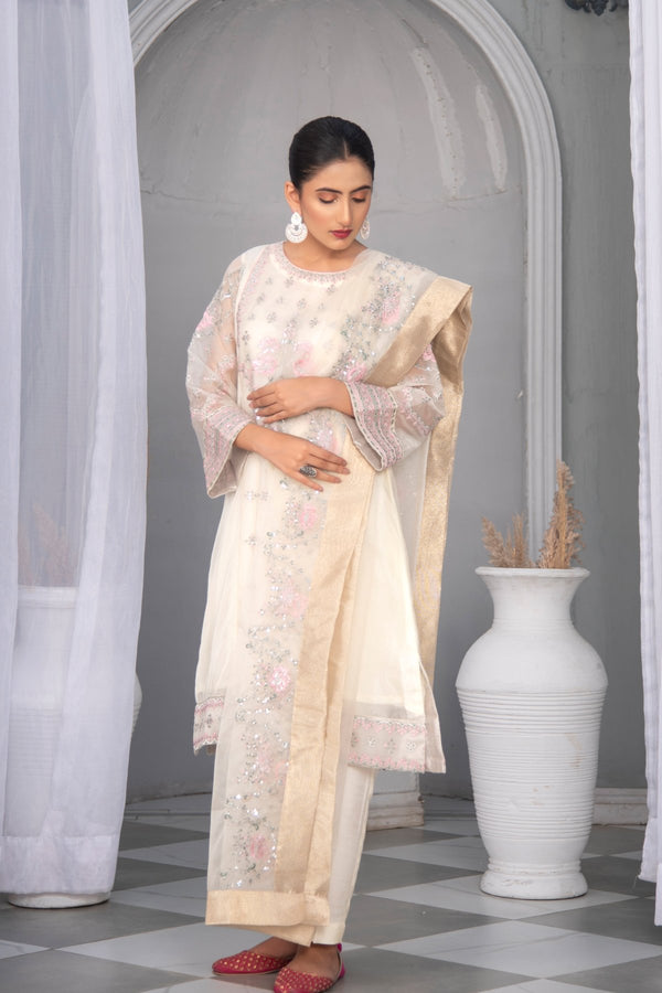 White Embroidered Organza Suit | 3 Pc | Stitched