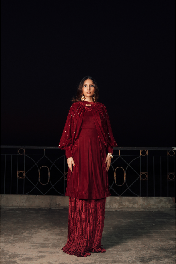 Velvet Frock with Embroidered Puffy Sleeves & Crushed Bottom