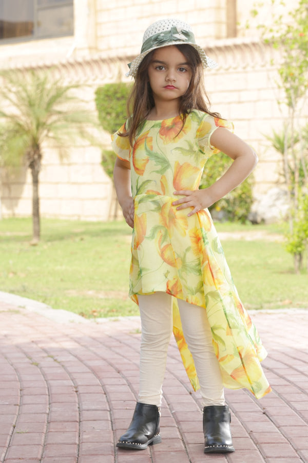 Yellow Organza Printed Frock