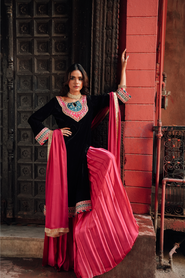 Velvet Adda Work Shirt with Silk Lehenga & Chiffon Dupatta