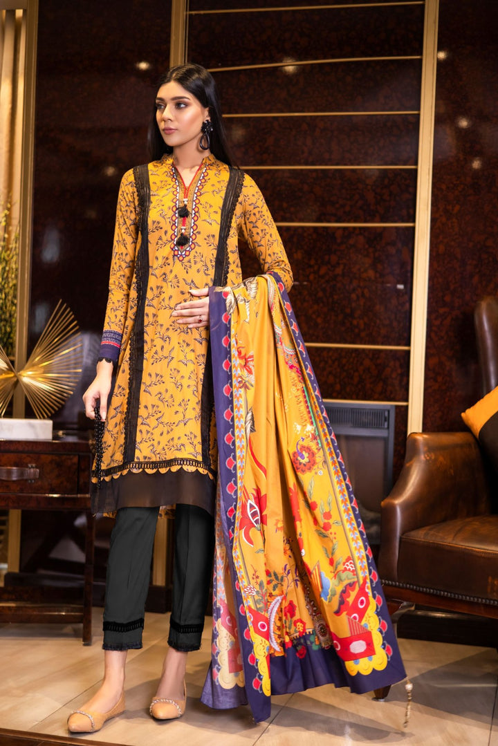 3 Piece Lawn Elegant Summer Suit Black and Yellow Color Suit Rang-e-Bahar - Front