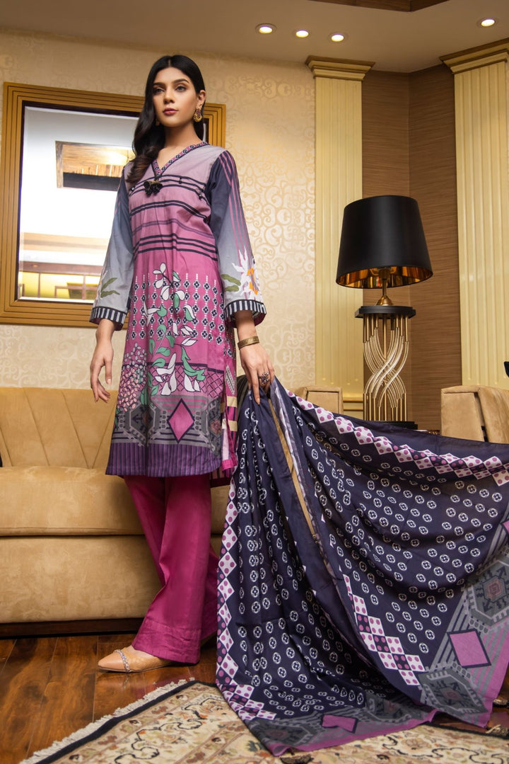 3 Piece Lawn Elegant Summer Suit Beautiful light Blue & Multi Color Suit Rang-e-Bahar - Front View with dupatta