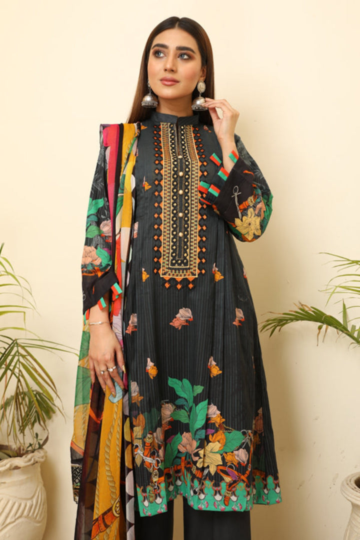 Digital black Color Print shirt with embroidered shirt Embroidery Chiffon dupatta Dyed Cotton Trouser- Front 3