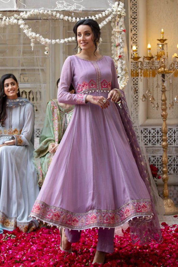 Purple Chiffon Embroidered Frock