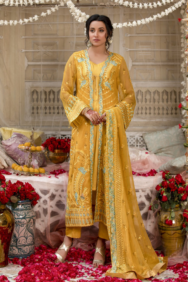 Embroidered Mustard Chiffon Dress