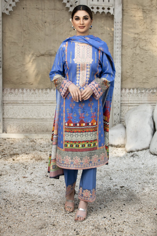 Sky Blue Embroidered Lawn Dress ll Unstitched 3-pc