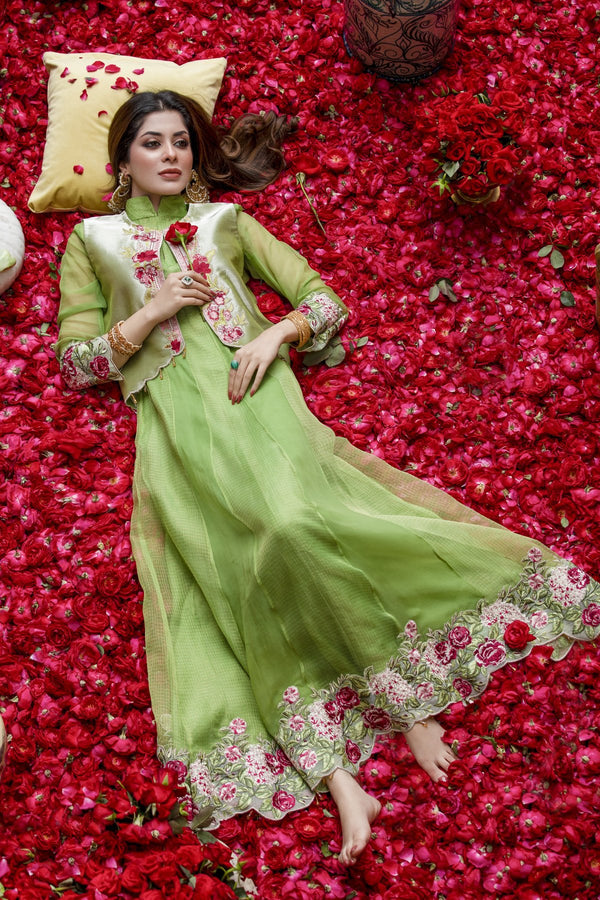 Green Embroidered Chiffon Frock