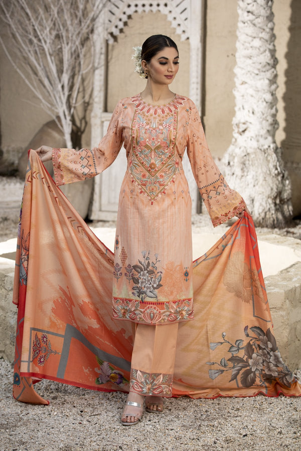 Peach Embroidered Lawn Dress ll Unstitched 3-pc