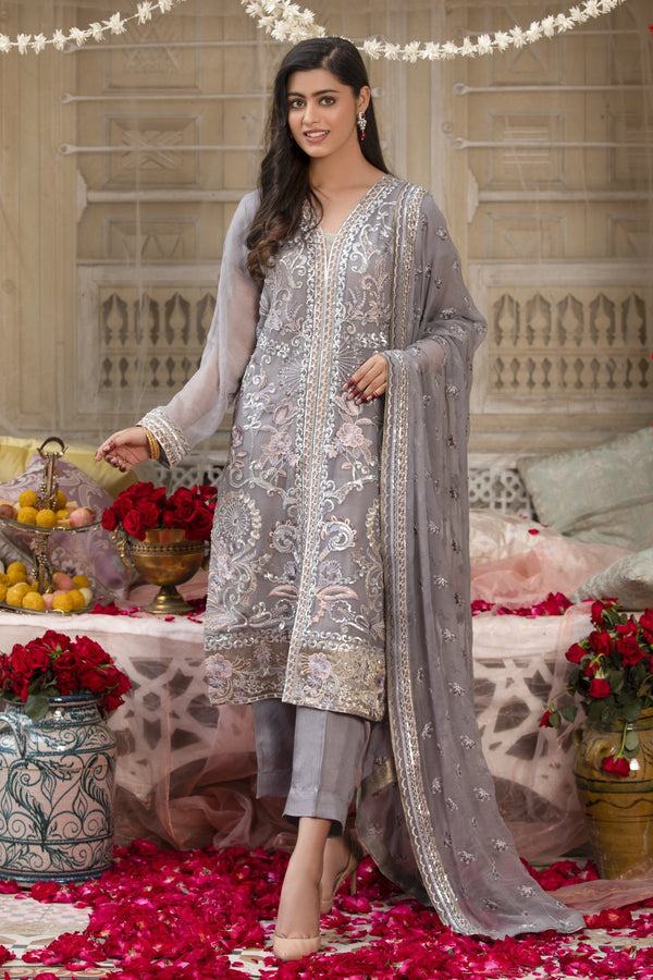 Grey Embroidered Chiffon Dress