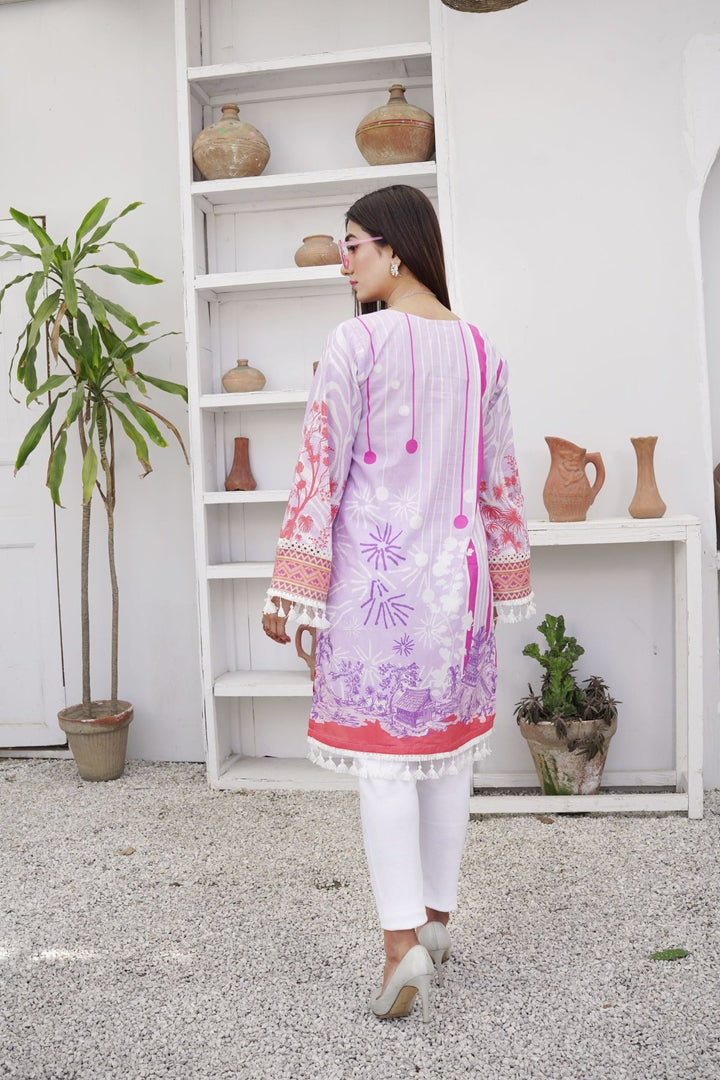 One pc Lawn Pret White & Multi Color Shirt for Women- Back View