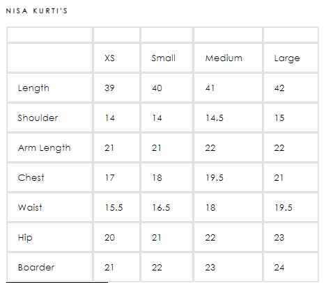 Nisa Printed Ferozi Lawn Shirt- Multi Color- Size Chart